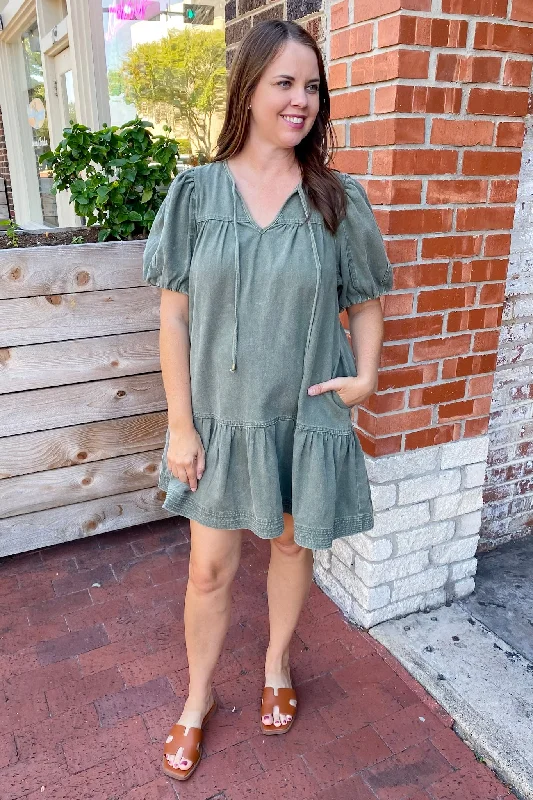 In My Life Olive Denim Dress Off-shoulder unclassified dresses