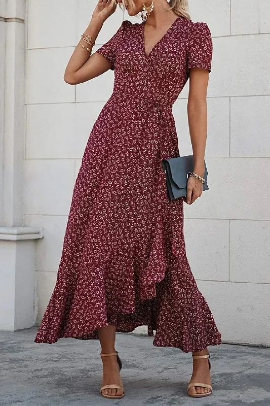 Floral V Neck Short Sleeve Long Dresses Sequin unclassified dresses