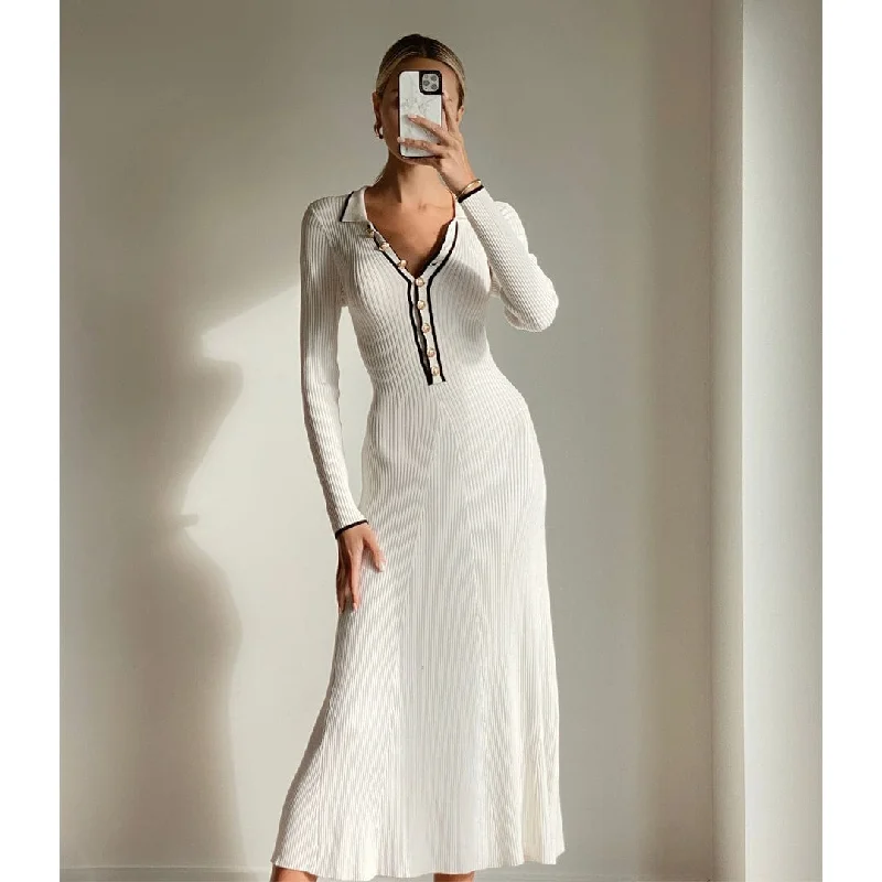 LYRA Ivory Long Sleeve Flowy Fitted Midi Knit Dress Fall unclassified dresses