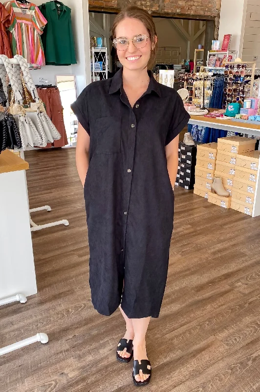 Maybe You Need Corduroy Black Midi Dress Smocked unclassified dresses
