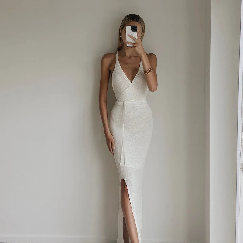GALINA Ivory Knit Bodycon Backless Maxi Dress Holiday unclassified dresses
