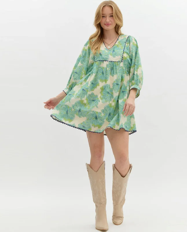 Abstract Floral Print Mini Dress with Trim Details Festival unclassified dresses