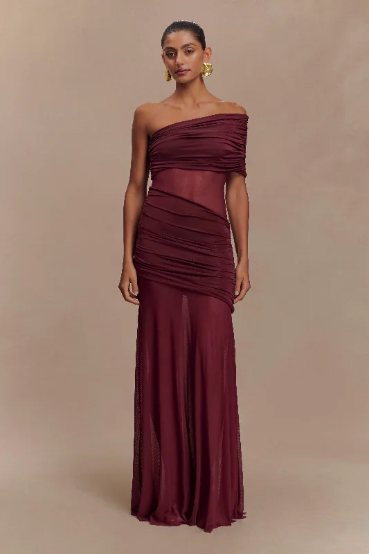 Dallas One Shoulder Mesh Maxi Dress - Burgundy Striped unclassified dresses