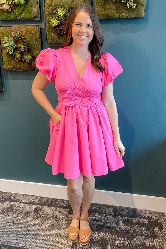 Rosette Radiance Bow Detail Pink Dress Affordable unclassified dresses