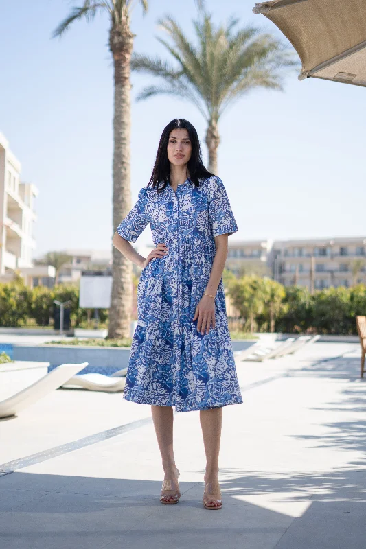 Blue Floral Printed Shirt Coller Dress Breathable unclassified dresses