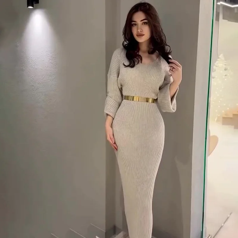 Sexy V Neck Winter Long Knitted Pullover Dresses Graduation unclassified dresses