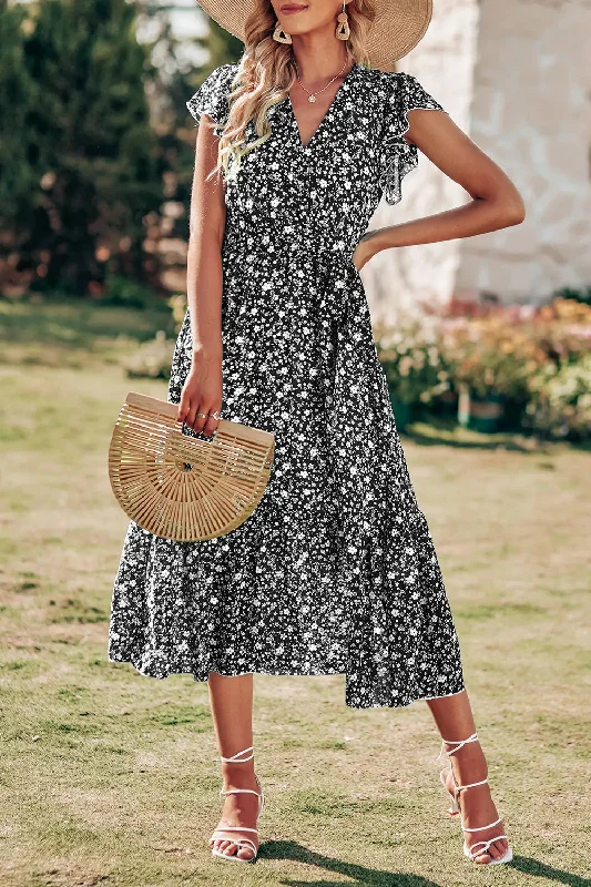 Wrap V Neck Ruffle Midi Sun Dress with Belt Travel unclassified dresses