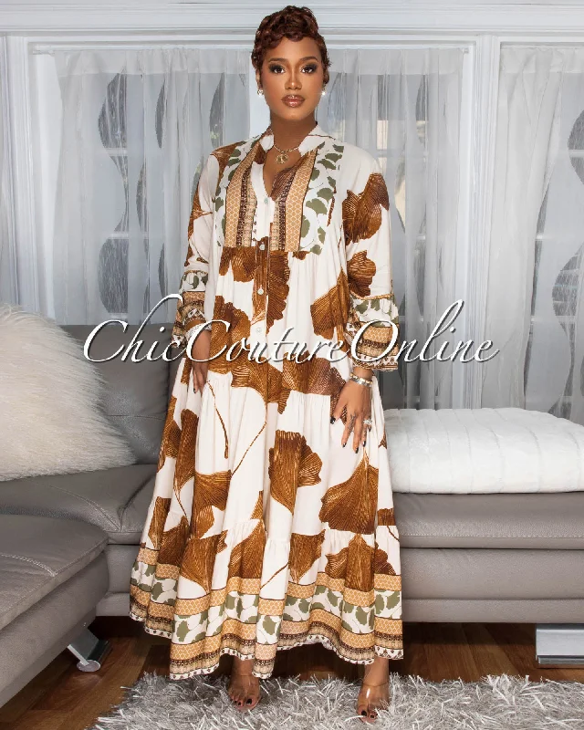 Solene Cream Brown Floral Print Maxi Dress Flowy unclassified dresses