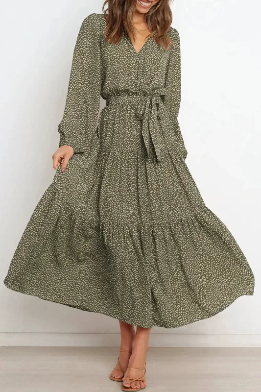 V Neck Leopard Print Ruffle Tiered Fall Maxi Dress A-line unclassified dresses