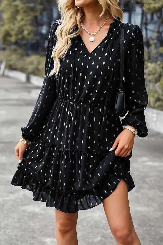 V Tie Neck Ruffle A Line Mini Dress Earthy tone unclassified dresses