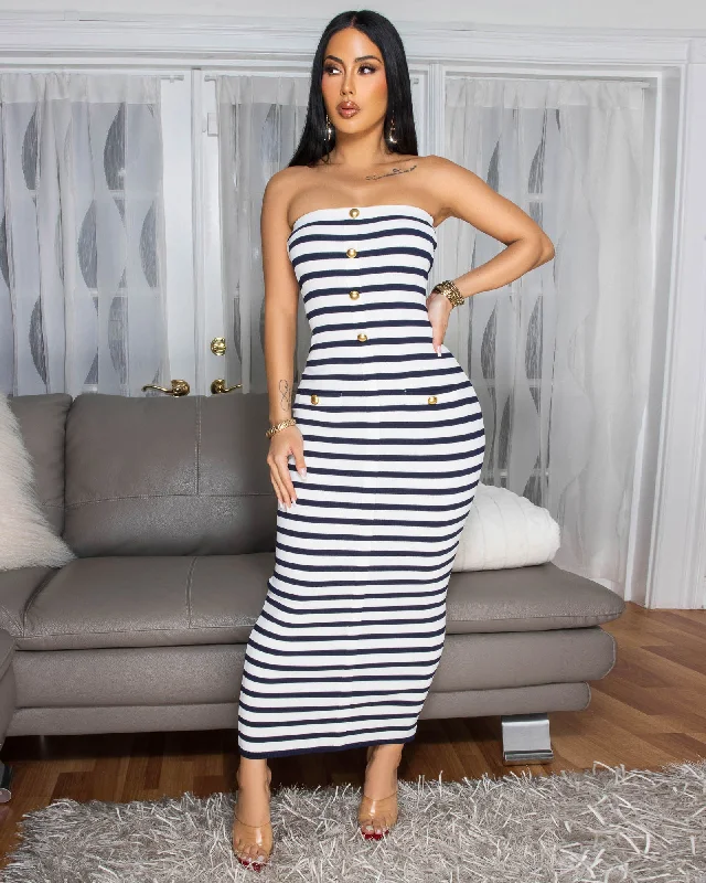 Cassidia White Navy Stripes Knit Strapless Maxi Dress High-low unclassified dresses