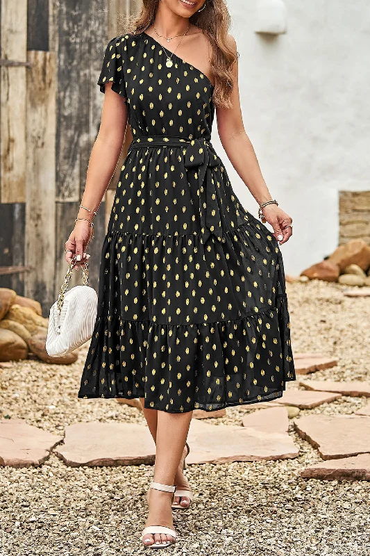 One Shoulder Polka Dot Tiered Ruffle Boho Midi Dress Sexy unclassified dresses