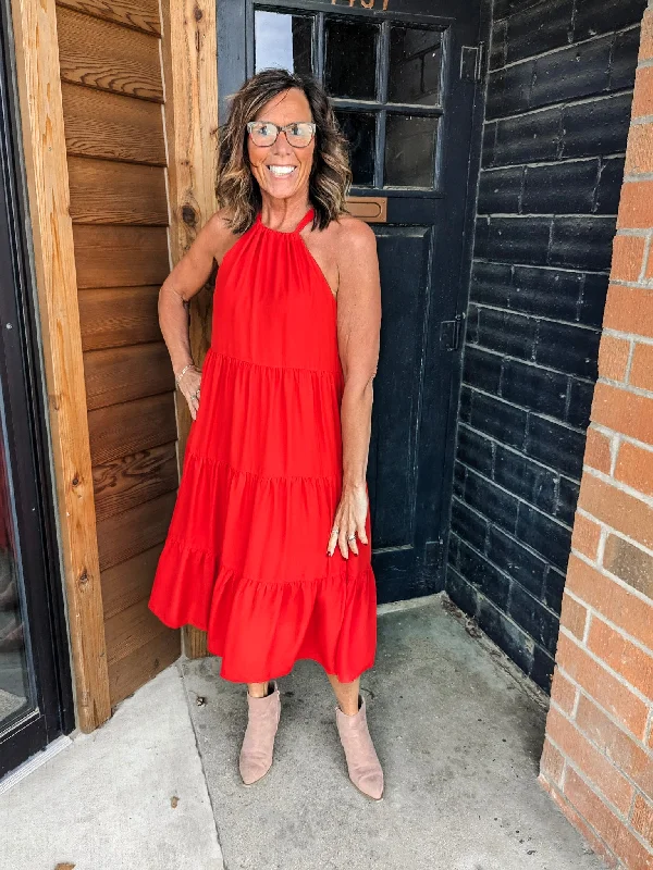 Dobby Halter Dress - Tomato Red Open-back unclassified dresses