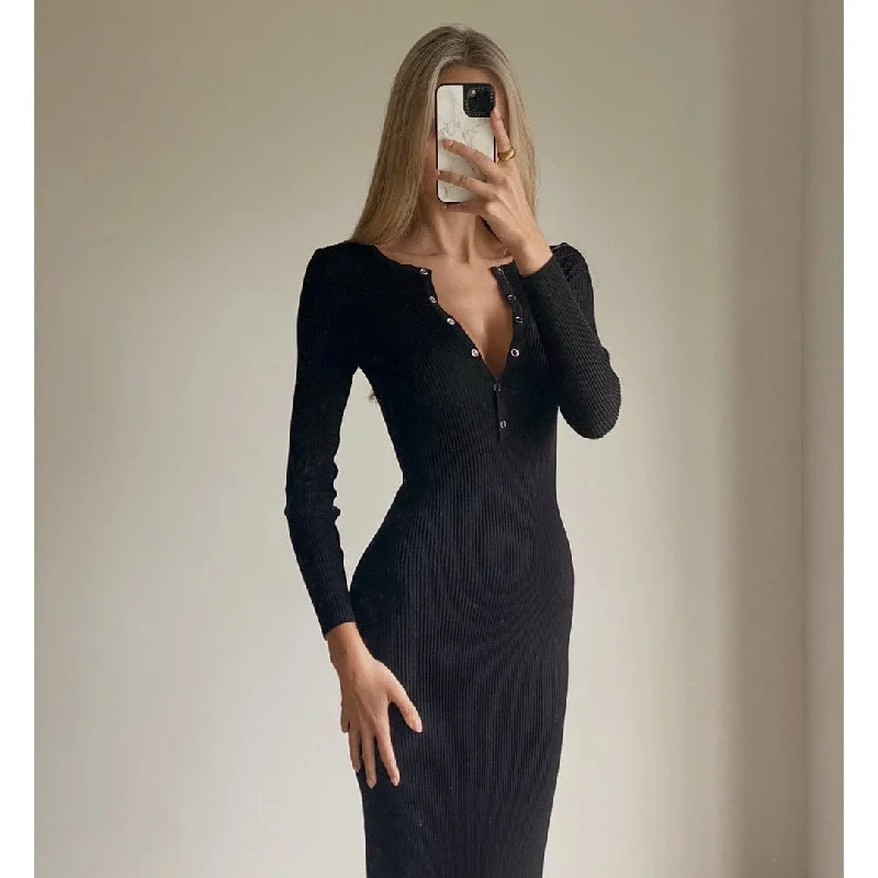 BRENA Black Long Sleeve Bodycon Knit Midi Dress Beach unclassified dresses