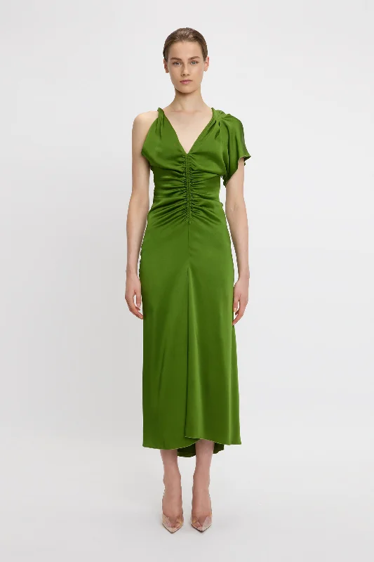 Asymmetric Ruched Detail Midi Dress In Algae Off-shoulder unclassified dresses