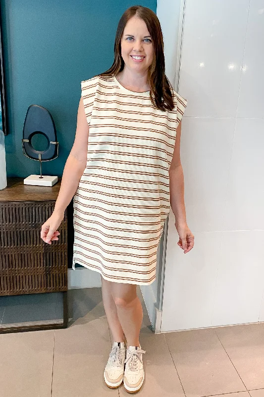 Roll with Me Cream and Taupe Striped Dress Affordable unclassified dresses
