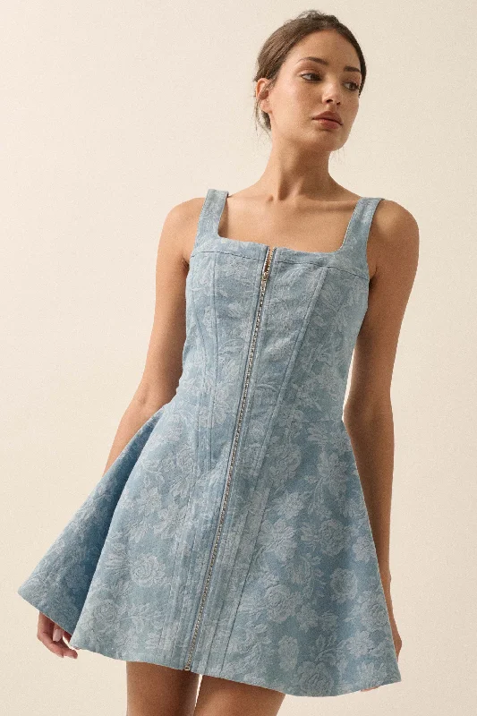 Blue Beauty Floral Jacquard Denim Mini Dress High-low unclassified dresses