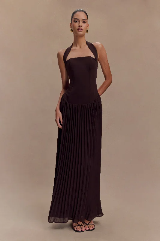 Stacie Pleated Halter Maxi Dress - Cacao Travel unclassified dresses