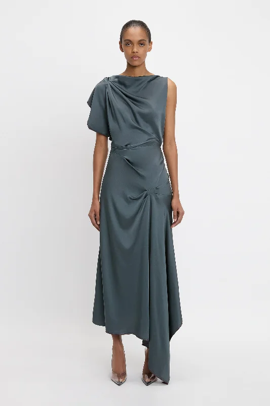 Asymmetric Draped Detail Midi Dress In Graphite Tiered unclassified dresses