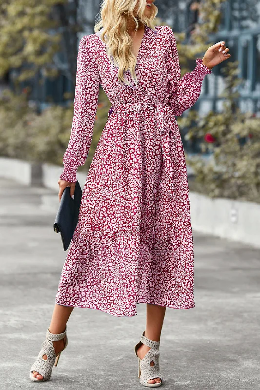 Long Sleeve V Neck Ruffle Belted Boho Dress Monochrome unclassified dresses