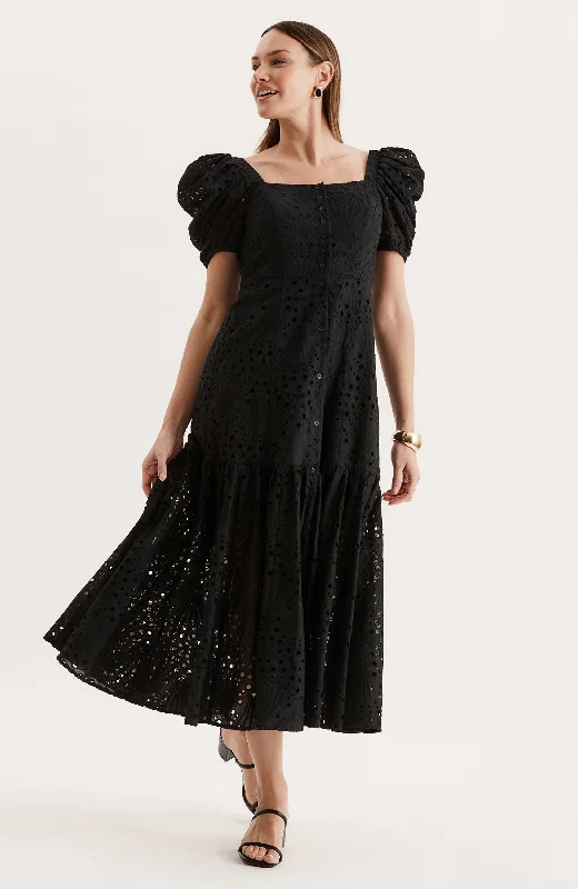 Cleo Eyelet Midi Dress - Black Striped unclassified dresses