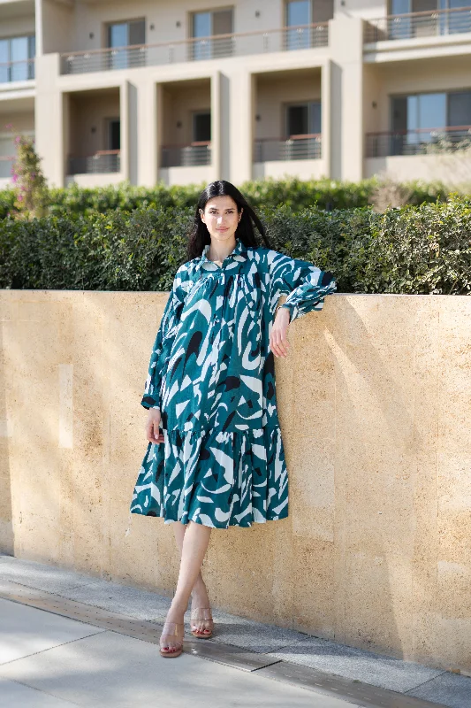 Teal Color Shirt Collar Printed Cotton Dress Office unclassified dresses
