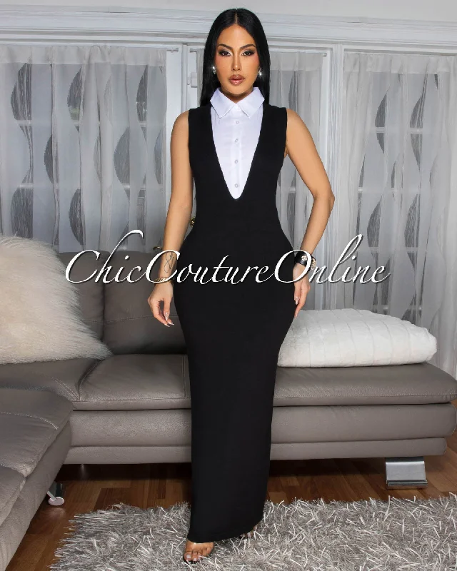 Jolienne Black White Tuxedo Maxi Dress Long sleeve unclassified dresses