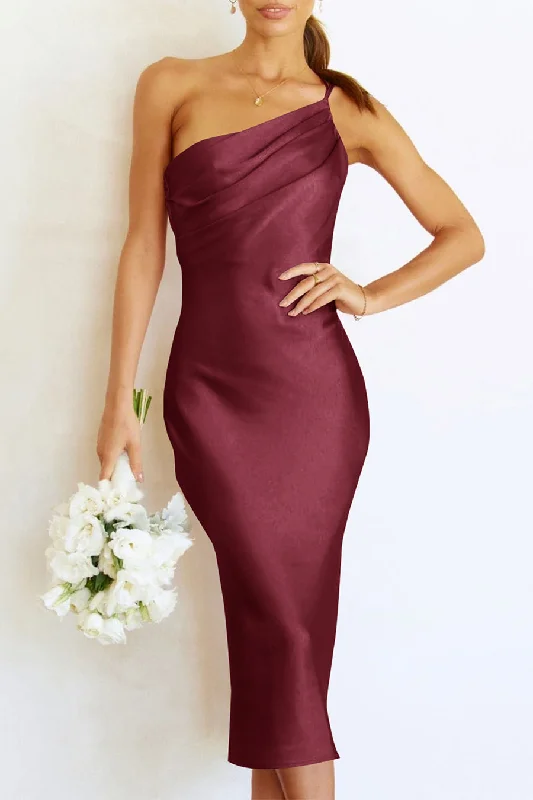 One Shoulder Spaghetti Strap Backless Ruched Bodycon Dresses Dark color unclassified dresses