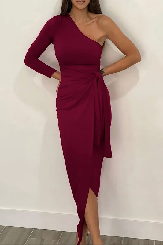 Elegant Long Sleeve One Shoulder Cocktail Midi Dress Knitted unclassified dresses