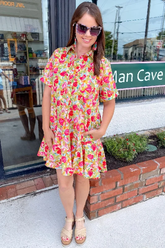 Secret Garden Floral Print Chartreuse Dress Travel unclassified dresses