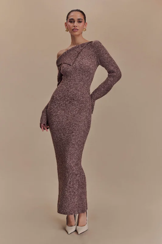 Magenta One Shoulder Fluffy Knit Midi Dress - Pecan Striped unclassified dresses