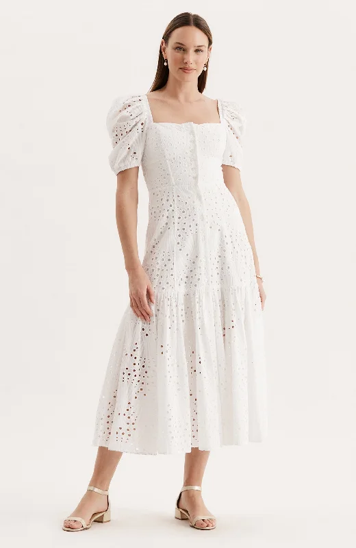 Cleo Eyelet Midi Dress - White Neutral tone unclassified dresses