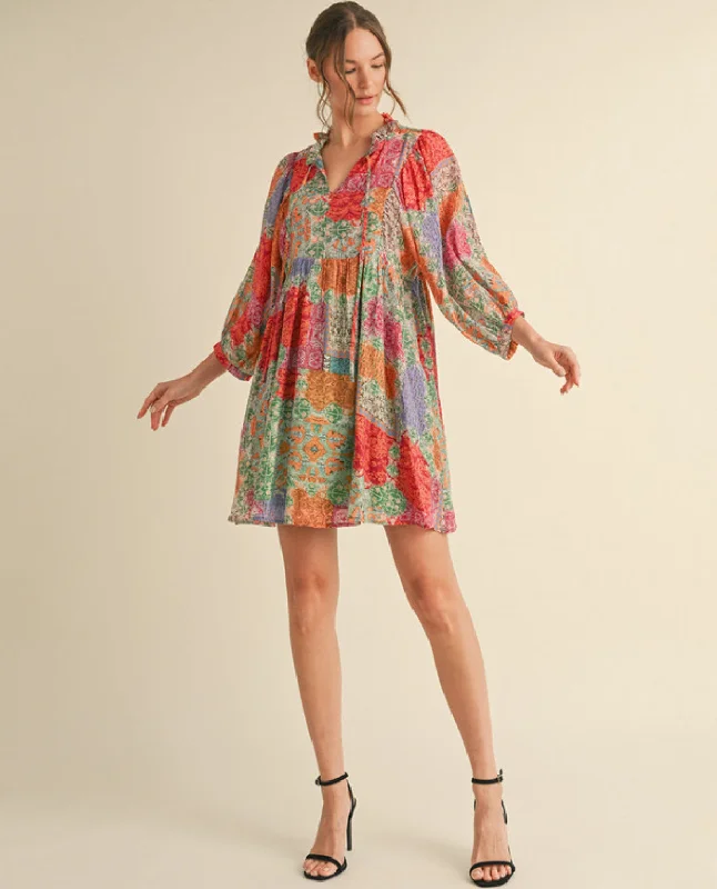 Multicolor Print Mini Dress with Frilled Tie Neck Vacation unclassified dresses