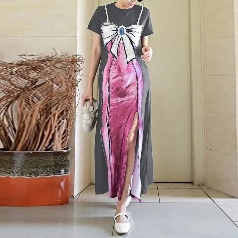 Lunivop Women's new summer American fashion pink skirt printed round neck pearl hanging chain split fork long dress Anniversary unclassified dresses