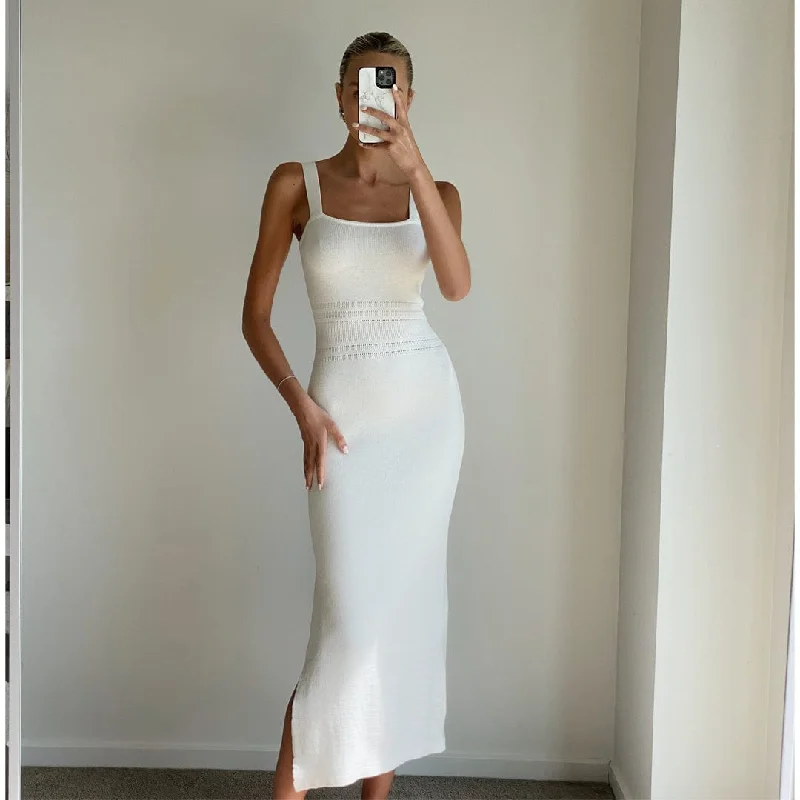 FREJA Ivory Wide Strap Bodycon Knit Midi Dress Lightweight unclassified dresses